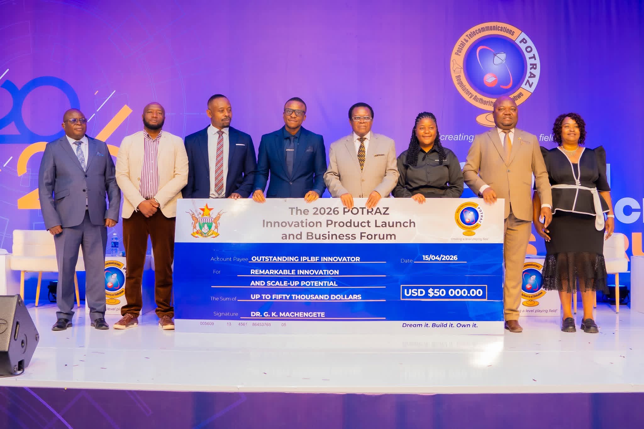 Award ceremony on stage with POTRAZ innovation forum ceremonial cheque
